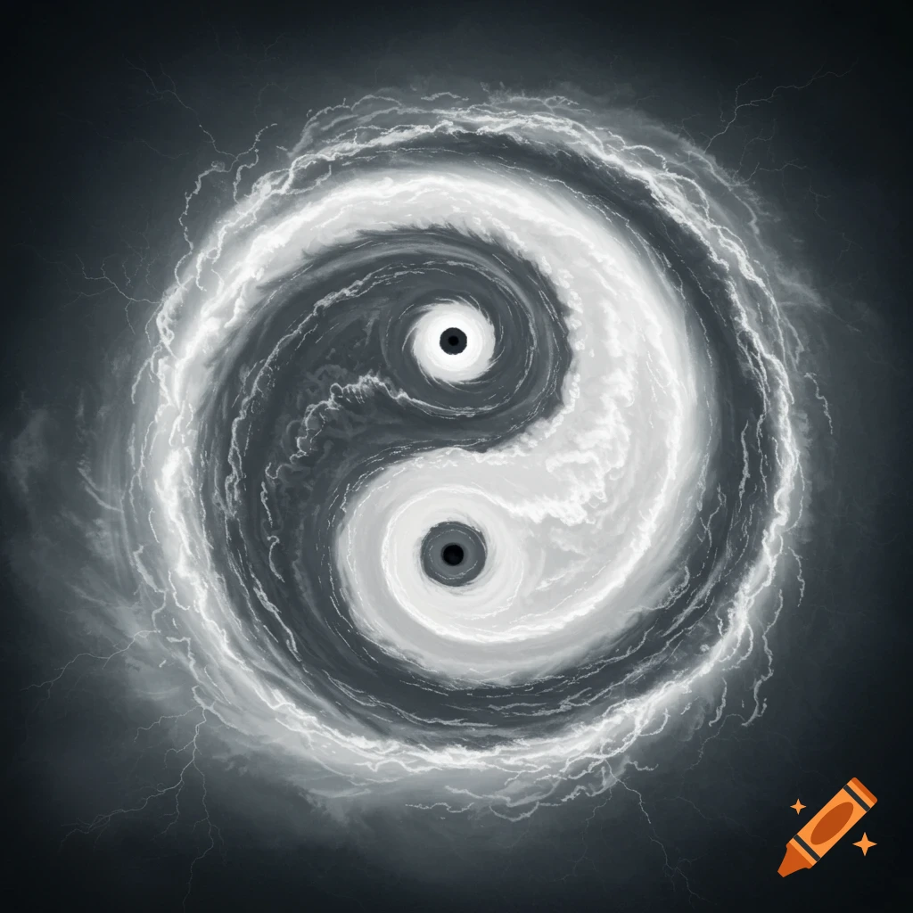 A stylized black and white yin-yang symbol made of swirling hurricanes and lightning.