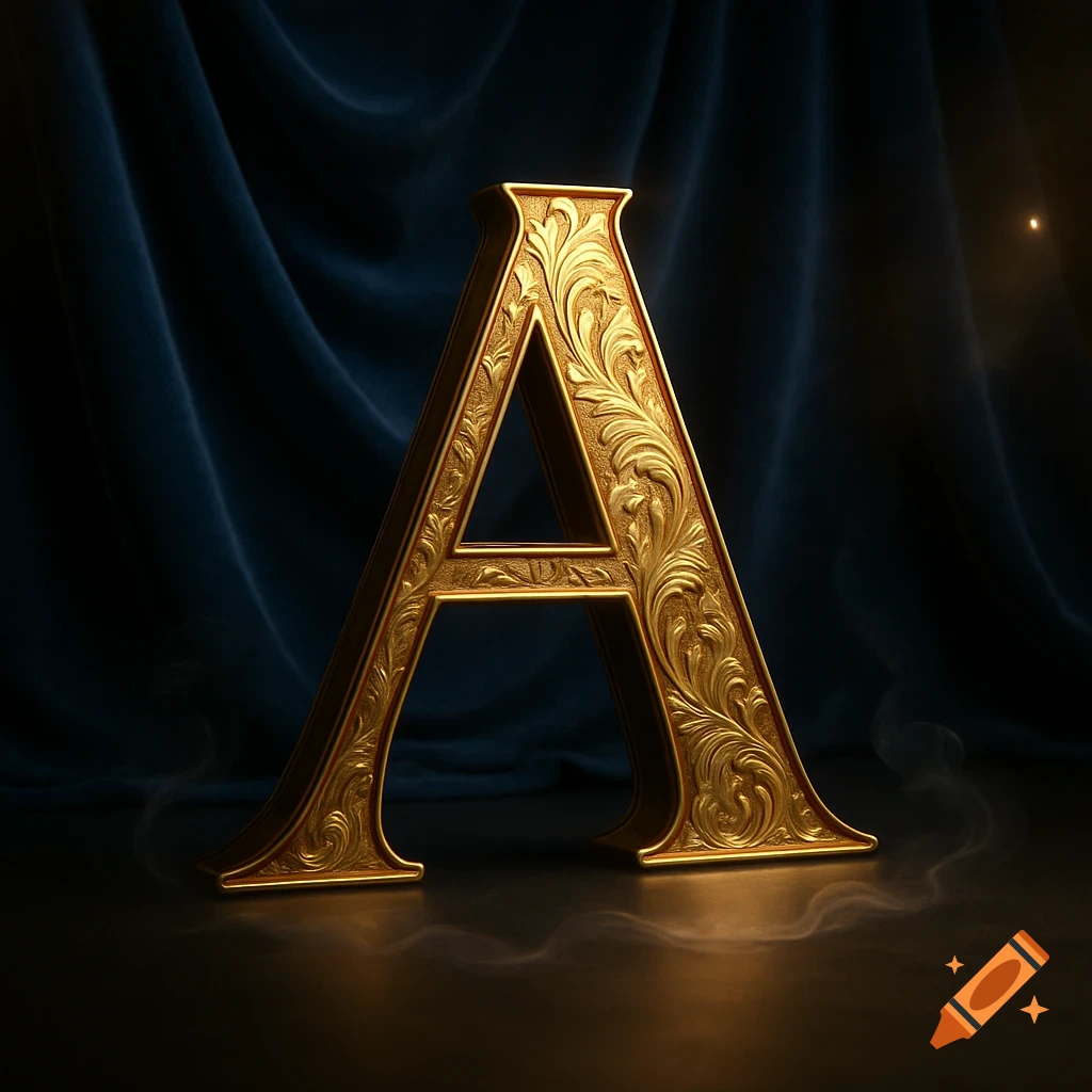 A gilded, ornate capital letter A stands against a dark blue velvet backdrop with subtle wisps of smoke.