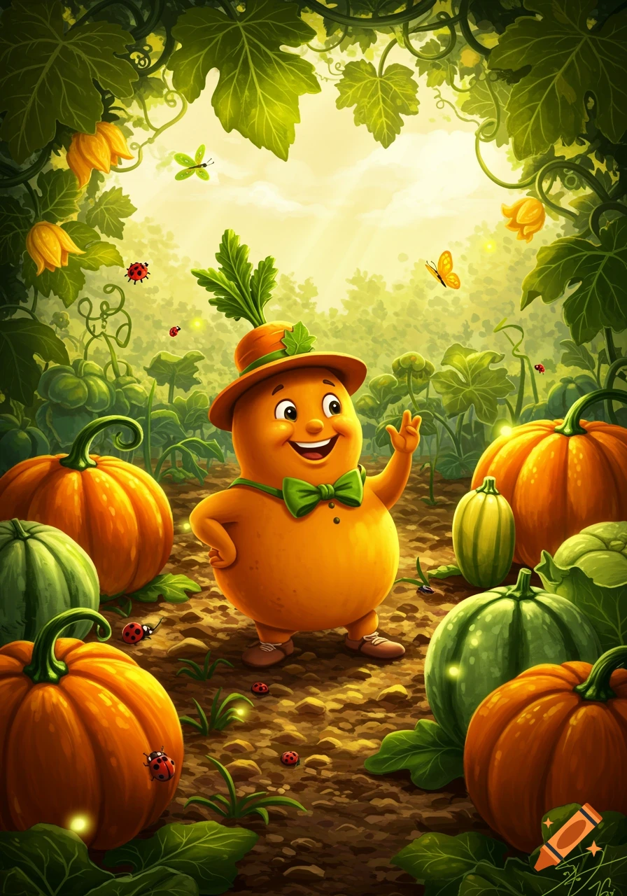 A cheerful, round, cartoon gourd character wearing a hat and bow tie stands in a vibrant garden surrounded by pumpkins, leaves, and ladybugs.