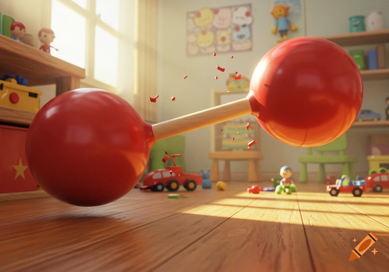 A red dumbbell-shaped punch ball toy breaking in a sunlit children's playroom with scattered toys.