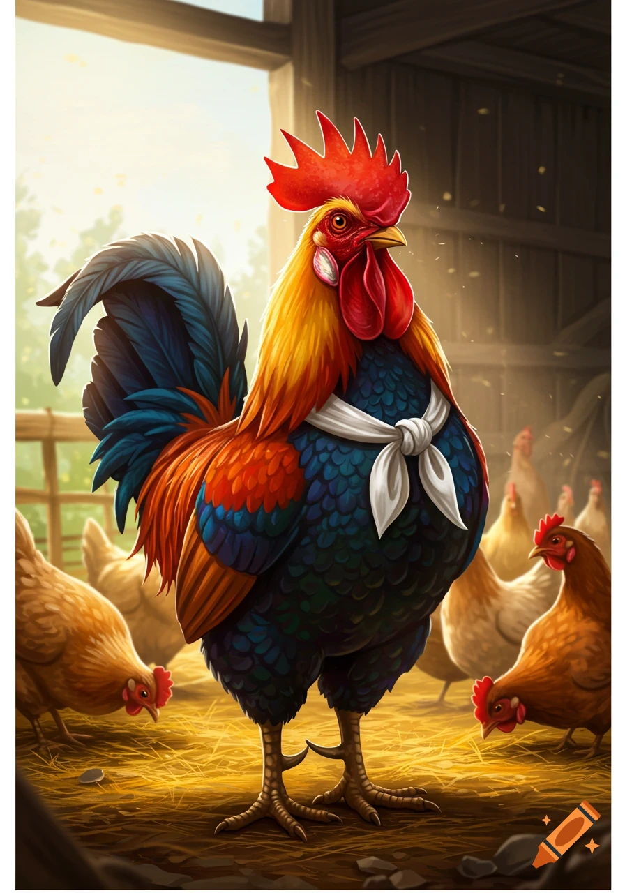 A colorful, cartoon-style rooster wearing a white bow tie stands confidently in a barn surrounded by chickens.