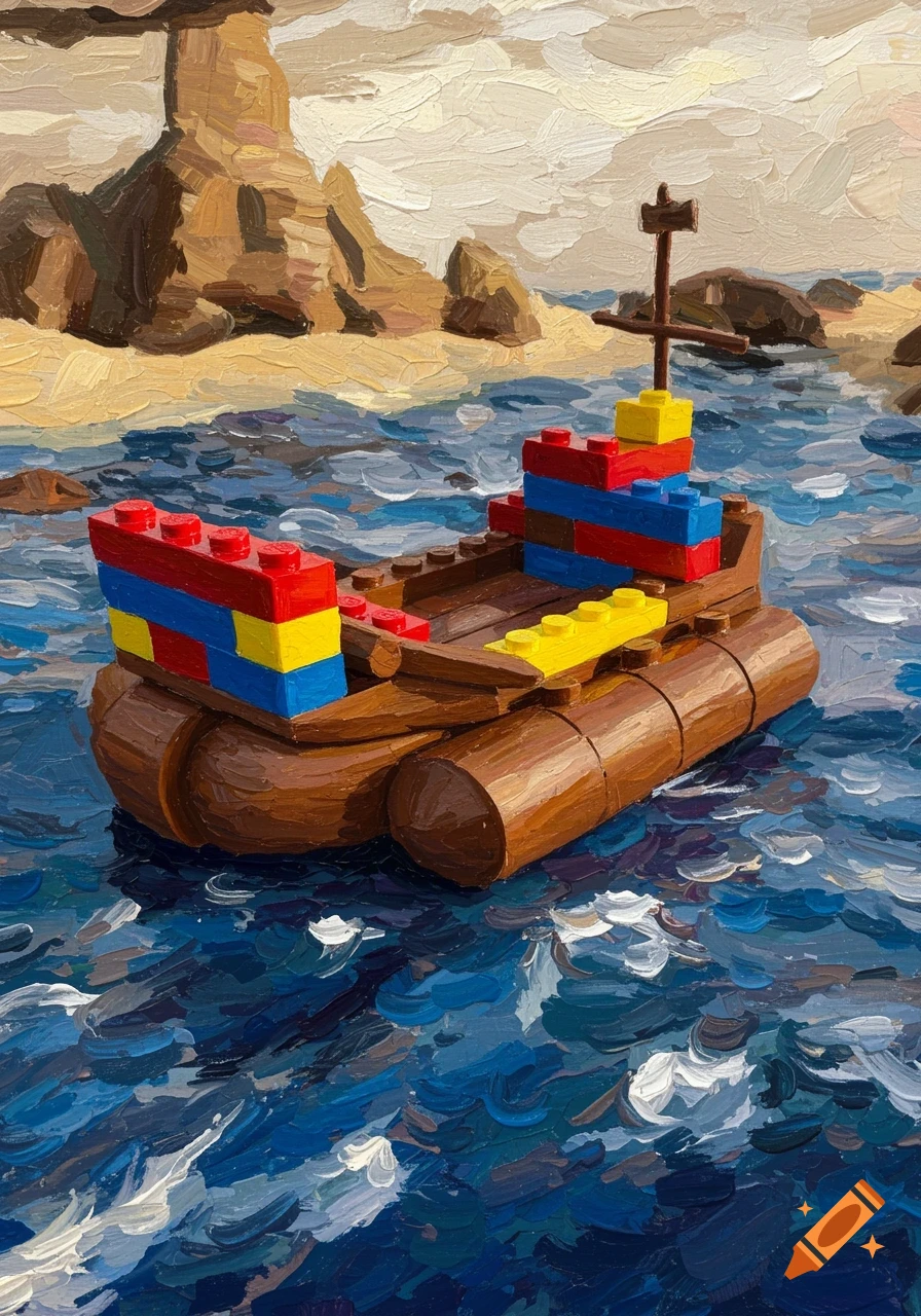 Oil painting of a LEGO raft floating on a choppy blue ocean near a sandy shore with large rock formations under a cloudy sky.