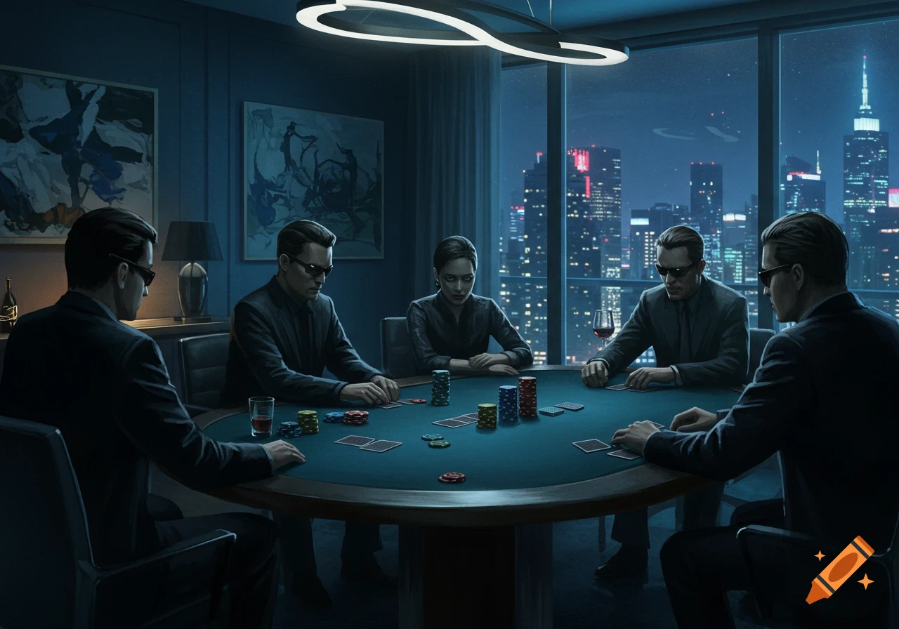 Five people in suits play cards at a poker table in a low-lit high-rise condo with a city night view.