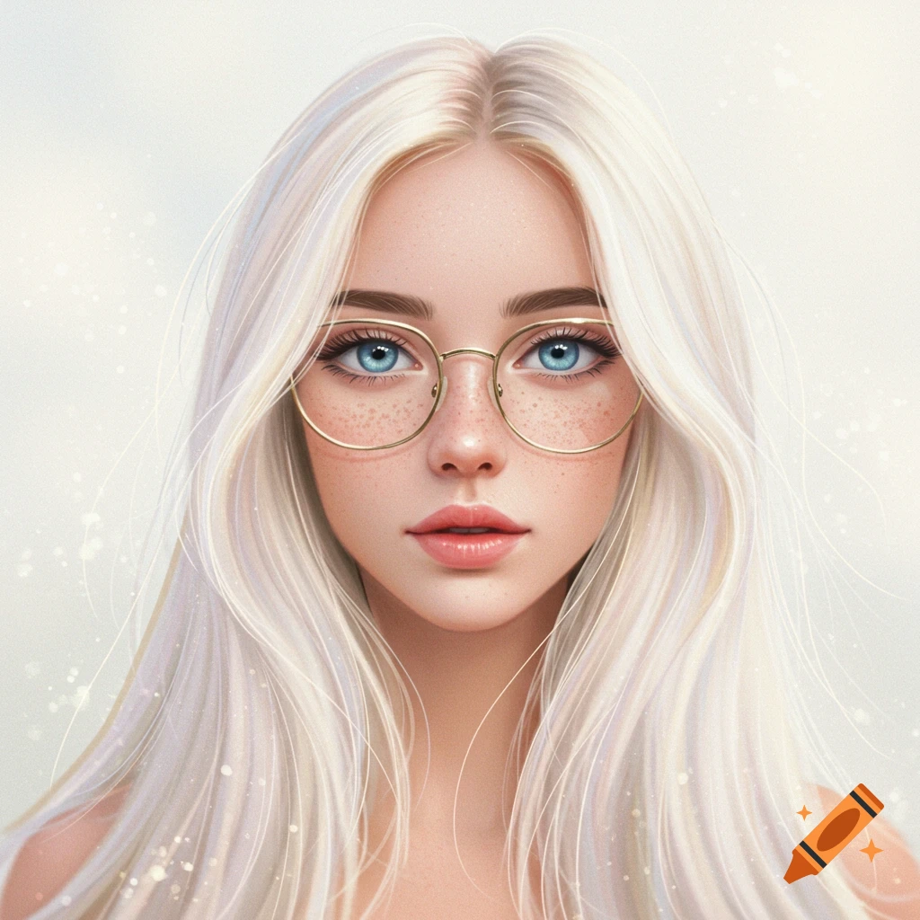 A close-up digital art portrait of a blonde woman with blue eyes, freckles, and round glasses.