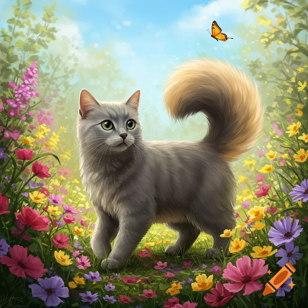 A fluffy gray cat with green eyes stands in a vibrant flower garden, looking at an orange butterfly. Illustrated style.