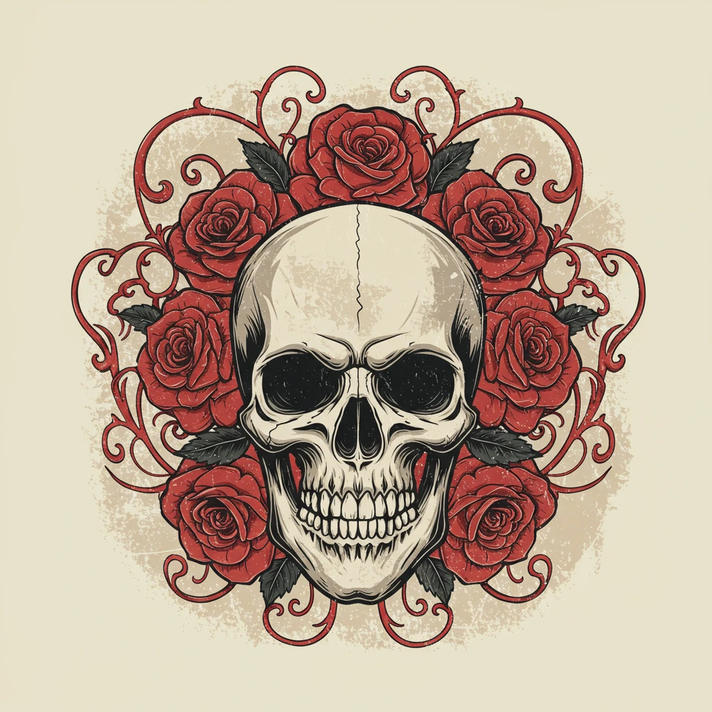 vintage rock band t-shirt design featuring skull with roses and distressed texture