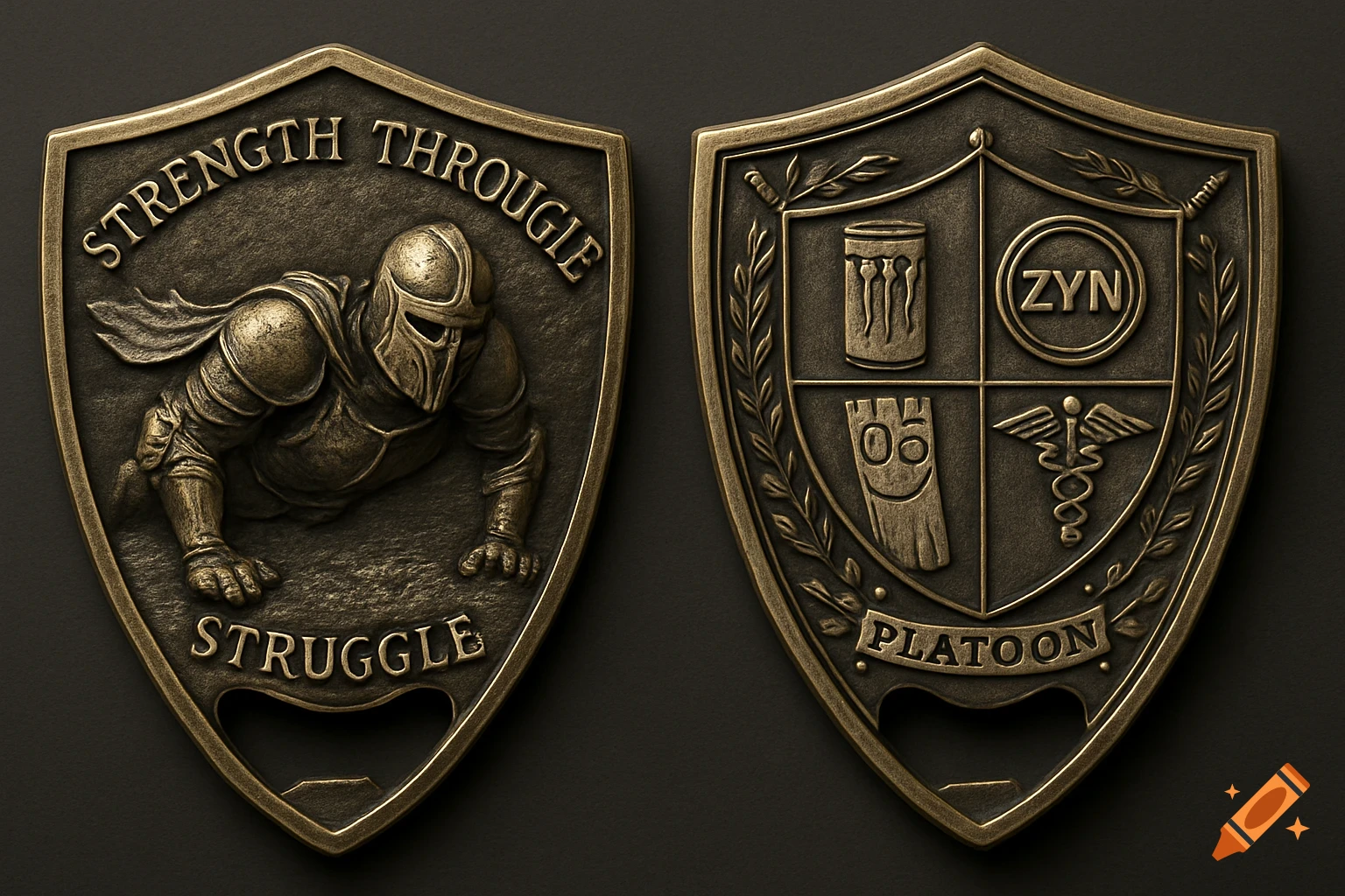 Two antique bronze shield-shaped objects on a dark background. The left shield depicts a knight in armor doing a push-up with text "STRENGTH THROUGIE STRUGGLE". The right shield features a four-quadrant crest with a stylized Monster energy can, a ZYN logo, Plank from Ed, Edd n Eddy, and a Caduceus, with text "PLATOON". Both have a bottle opener notch.