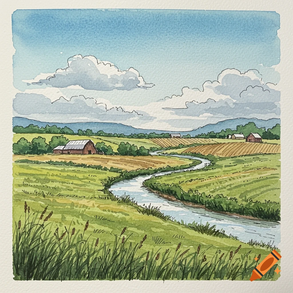 Watercolor painting of a winding river flowing through green and brown fields, with barns and distant mountains under a cloudy sky.