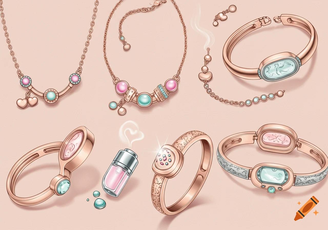 An illustration of rose gold jewelry pieces, including necklaces, bracelets, and rings with pink and turquoise gems, and a small perfume bottle.
