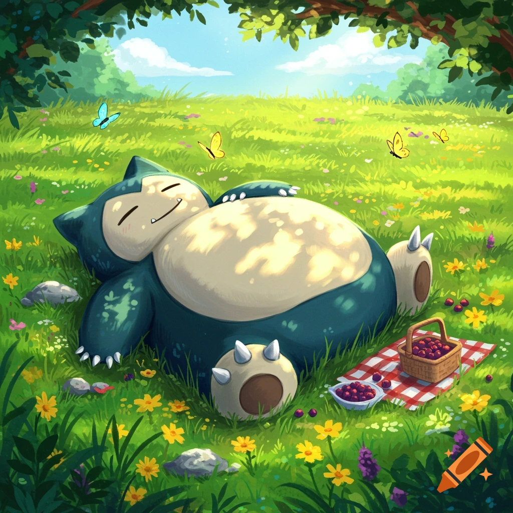 A cartoon Snorlax sleeping peacefully in a sunny green field with butterflies and a picnic basket full of berries.
