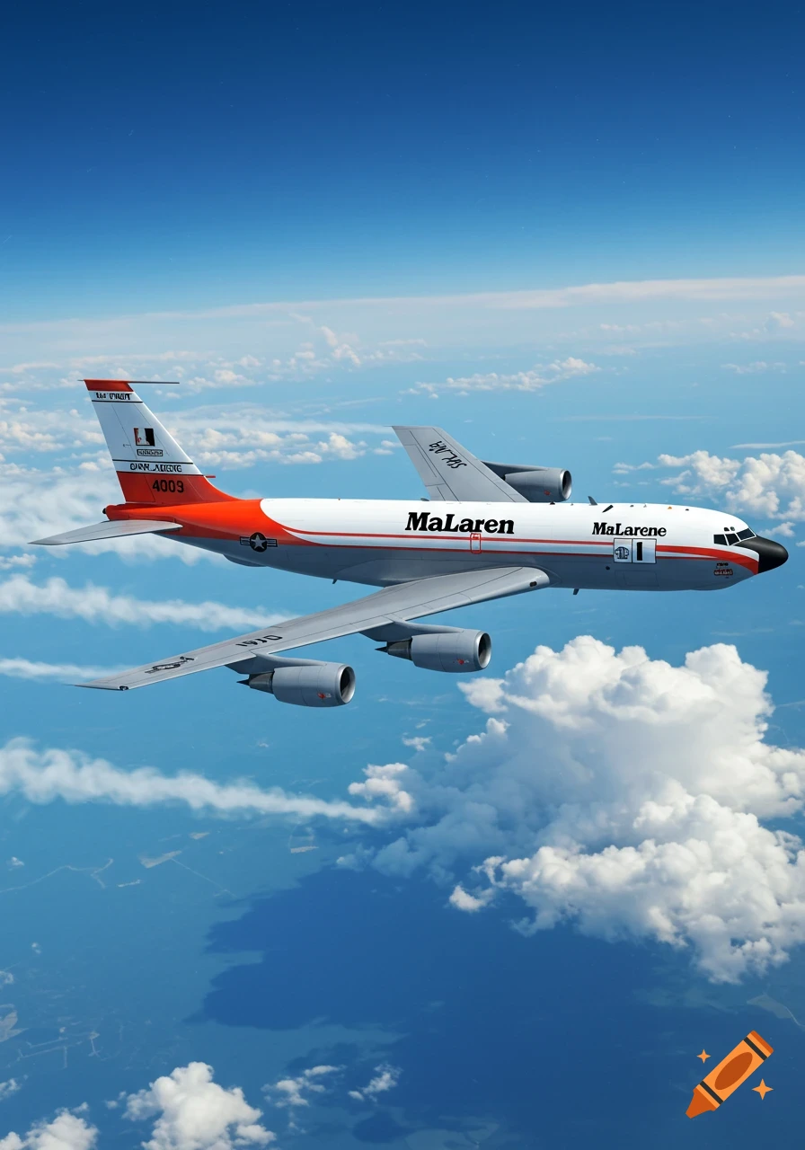 A red, white, and gray airplane with 'MaLaren' branding flies through a blue sky with white clouds.