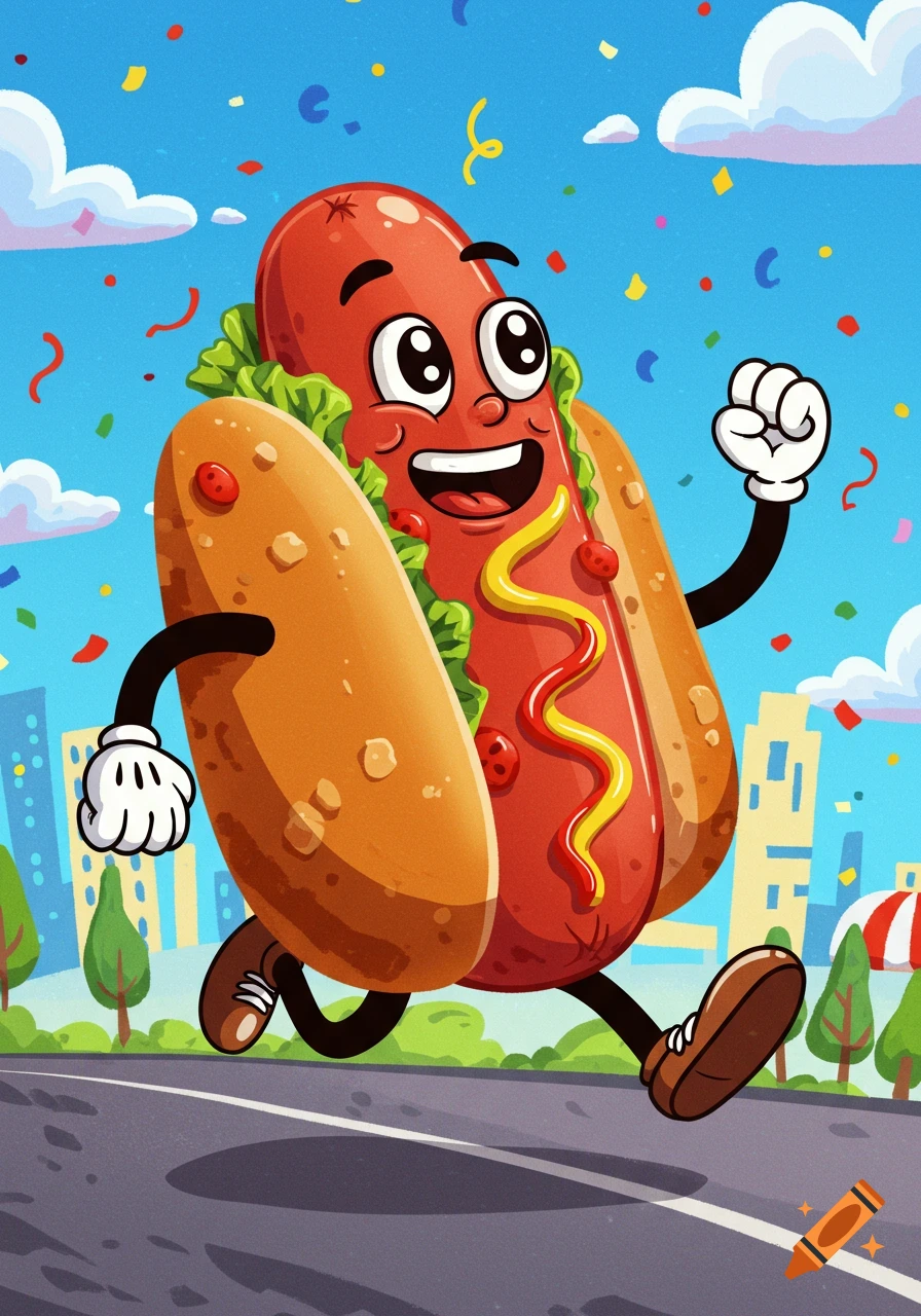 A happy cartoon hot dog with mustard and ketchup, arms and legs, runs down a city street with confetti.