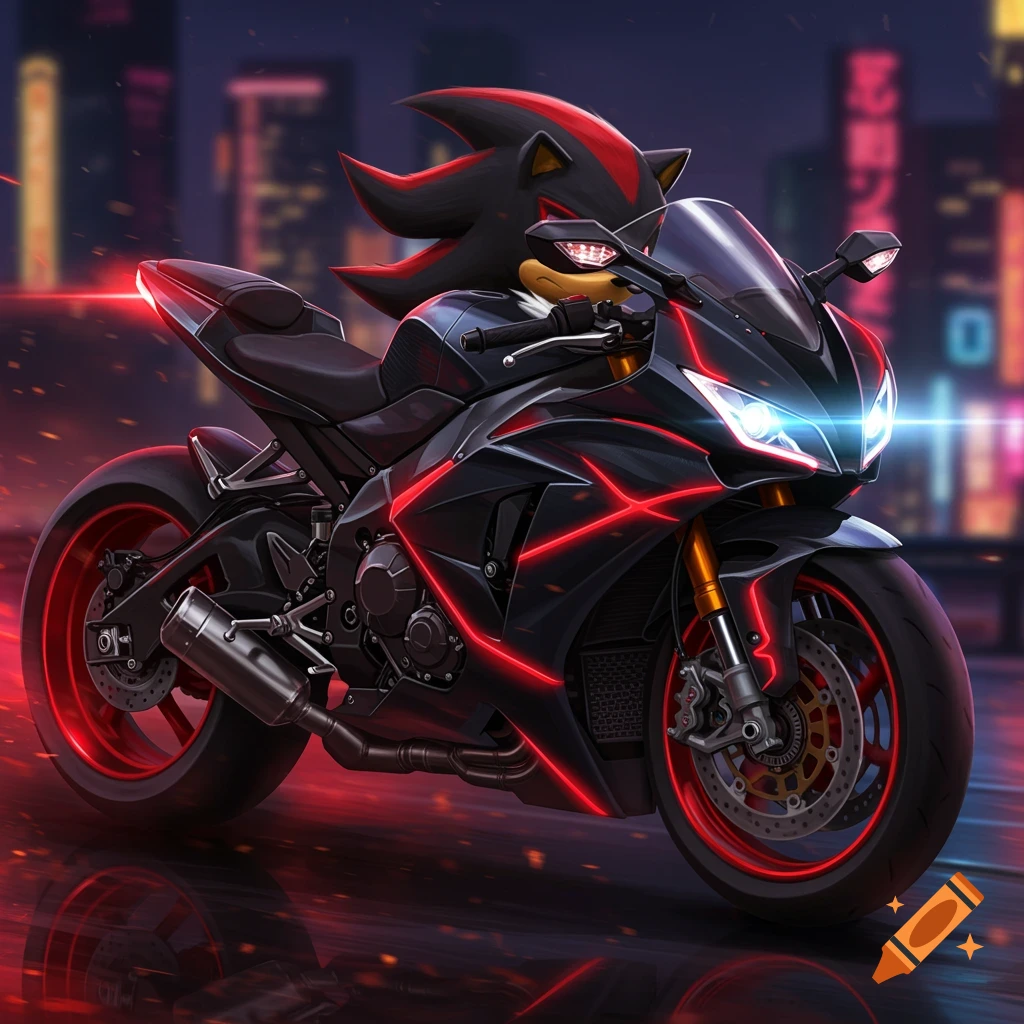 Shadow the Hedgehog riding a sleek black and red motorcycle at night in a city.