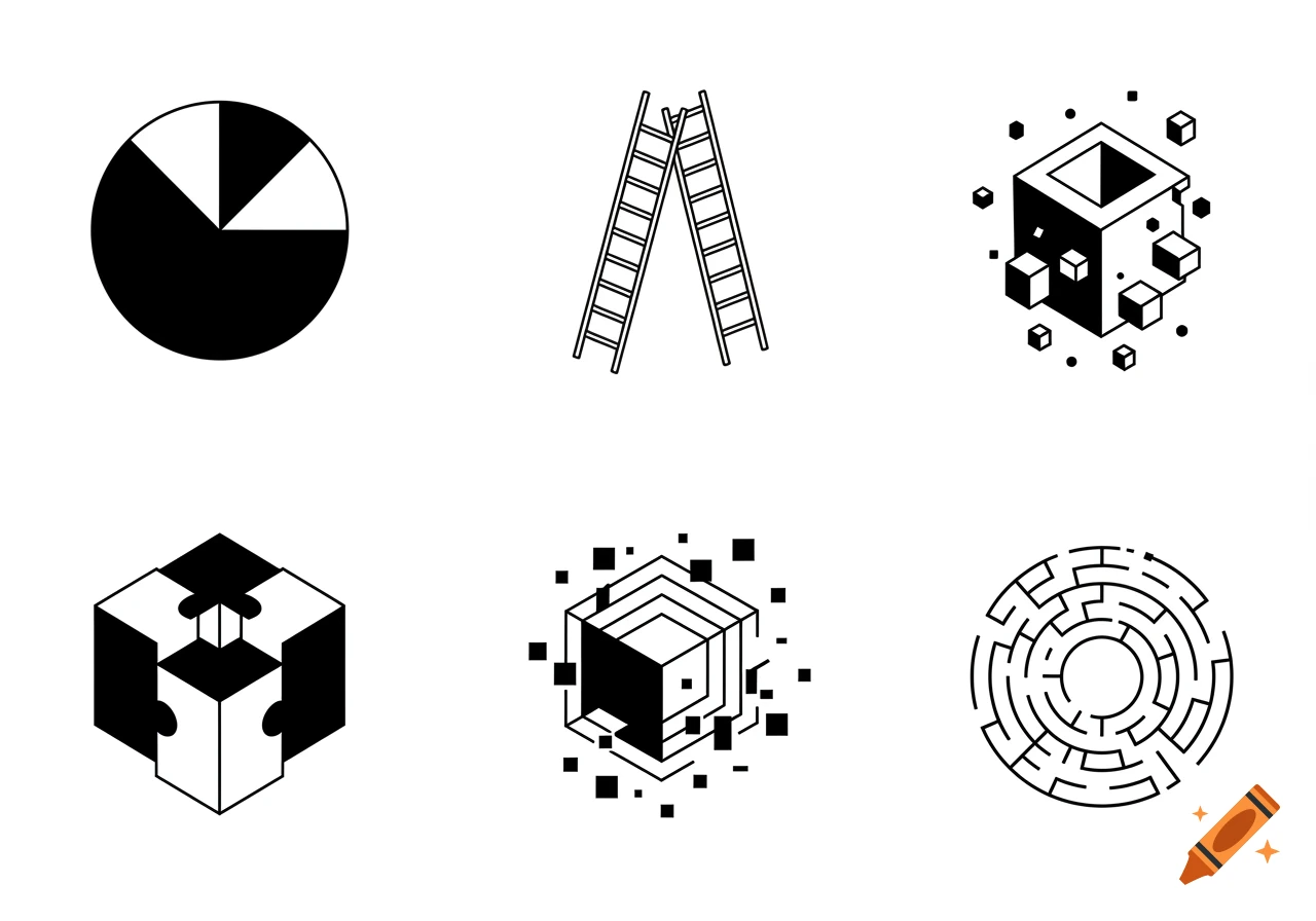 Six black and white geometric and abstract illustrations on a white background, including a pie chart, ladders, cubes, and a circular maze.