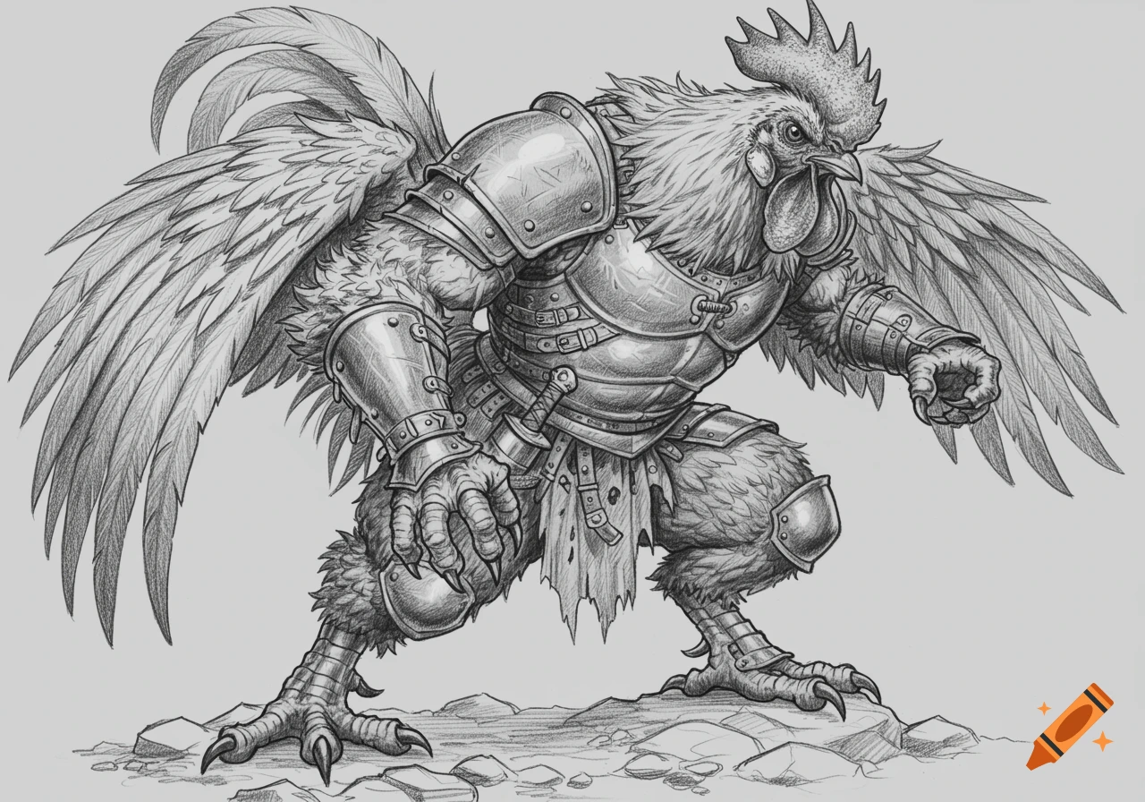 Pencil sketch of an armored rooster standing ready for battle.