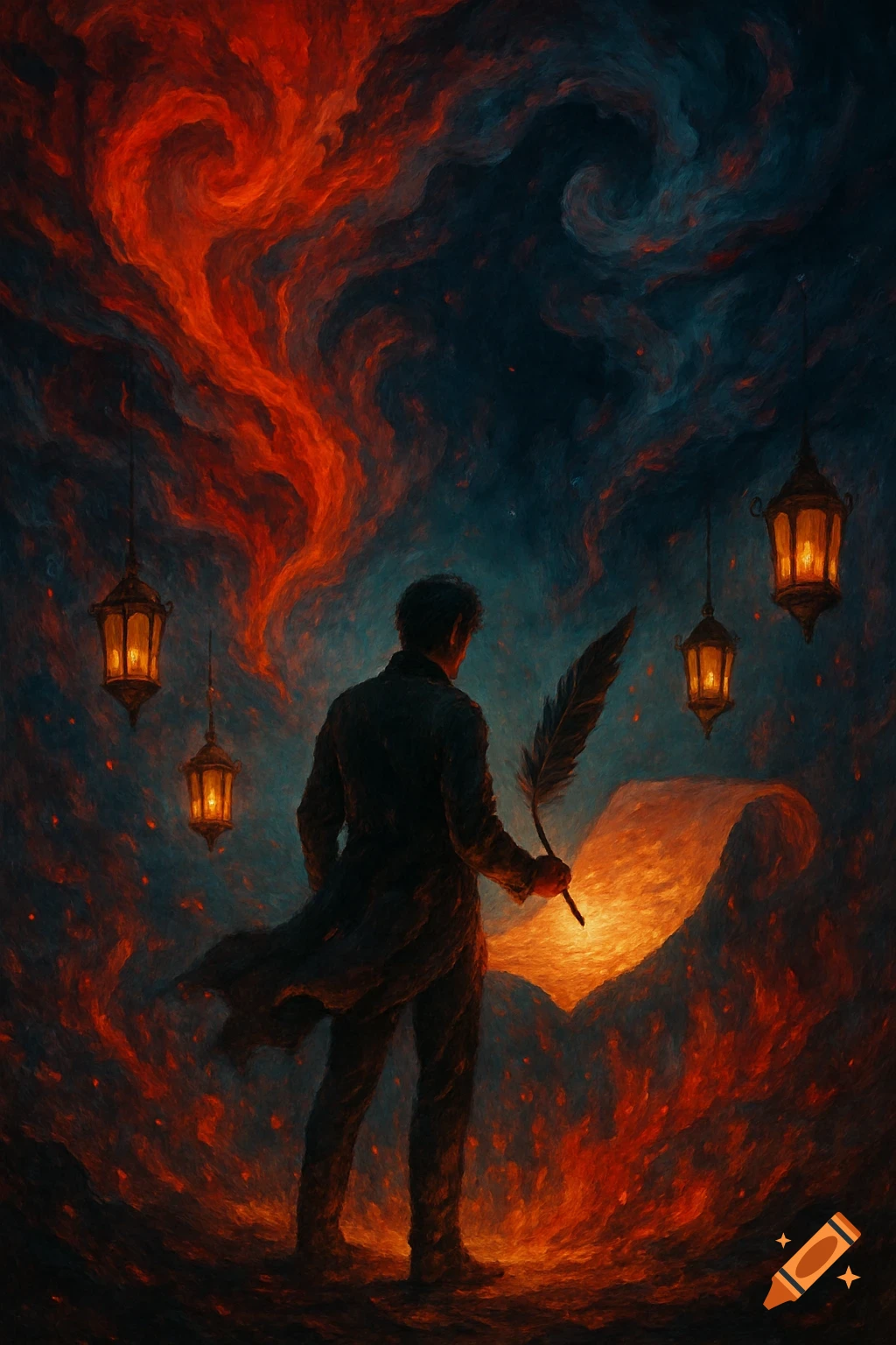 A dark figure from behind holds a quill before a large glowing scroll, surrounded by dramatic fiery and stormy clouds, with lanterns hanging.