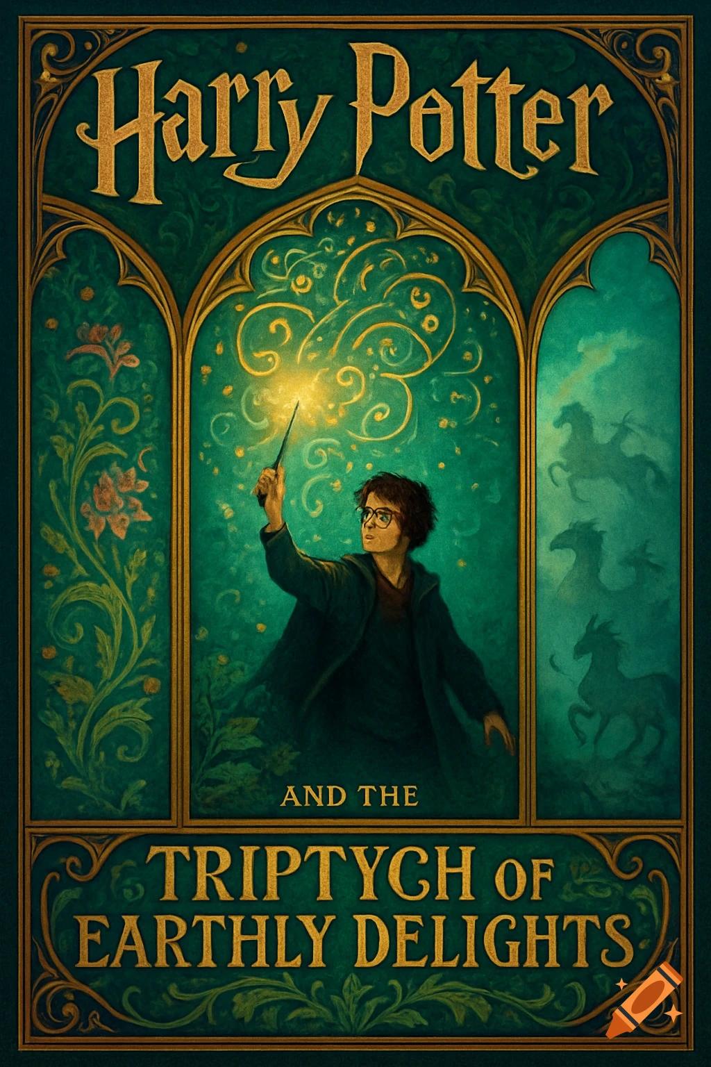 Dark green and gold book cover for 'Harry Potter and the Triptych of Earthly Delights' featuring Harry Potter casting a spell.