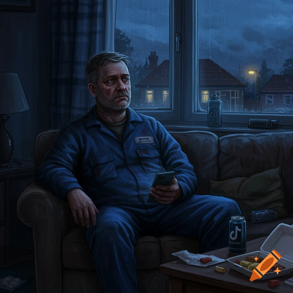 A weary, middle-aged man in blue overalls sits on a couch at night, looking out a rain-streaked window. A soda can and takeaway box are on a table nearby.