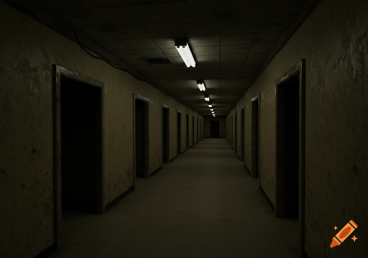 A long, dark, and empty corridor with rows of identical doors on both sides and fluorescent lights on the ceiling, creating an eerie atmosphere.