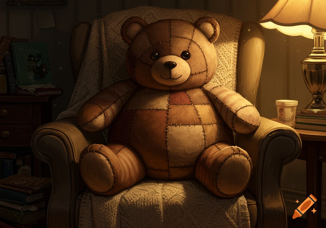 A plush patchwork teddy bear sitting in a cozy armchair next to a lamp and books.