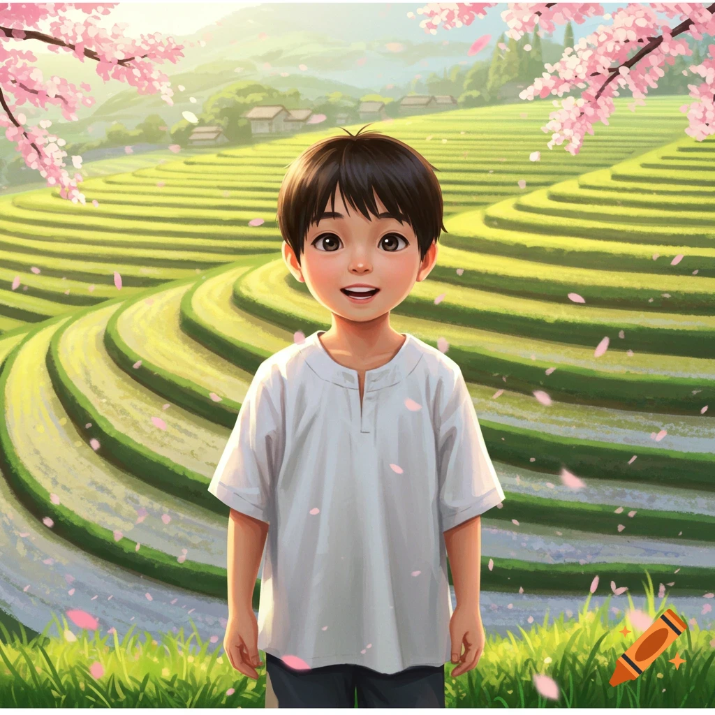 A smiling Asian boy stands in front of green terraced rice paddies with pink cherry blossoms falling, in an anime style.
