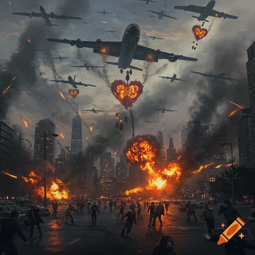 A photorealistic image of a city under attack, with bombers dropping heart-shaped bombs, large explosions, and people fleeing through the streets.