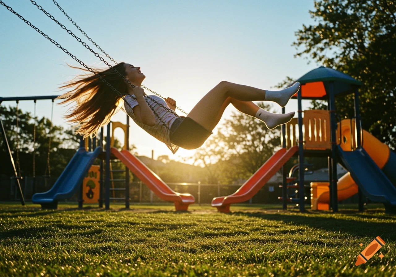 A young person swings high on a playground swing at golden hour, with their hair flying back, against a bright sky and playground structures.
