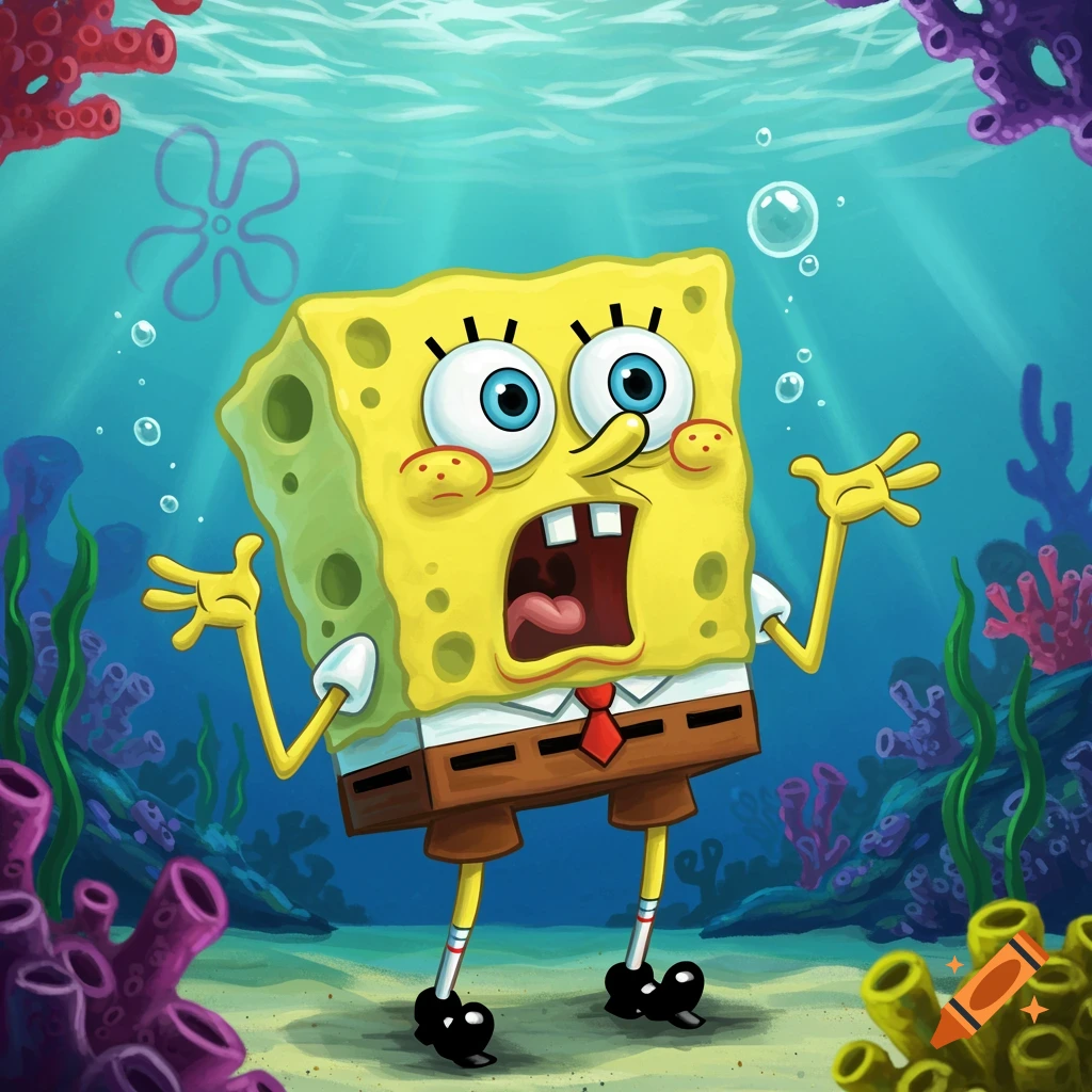 A cartoon Spongebob Squarepants looks shocked with a wide open mouth and hands raised, underwater among colorful coral.