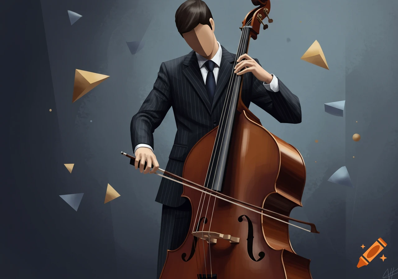 A modernist-style figure in a pinstripe suit plays a double bass, surrounded by geometric shapes.