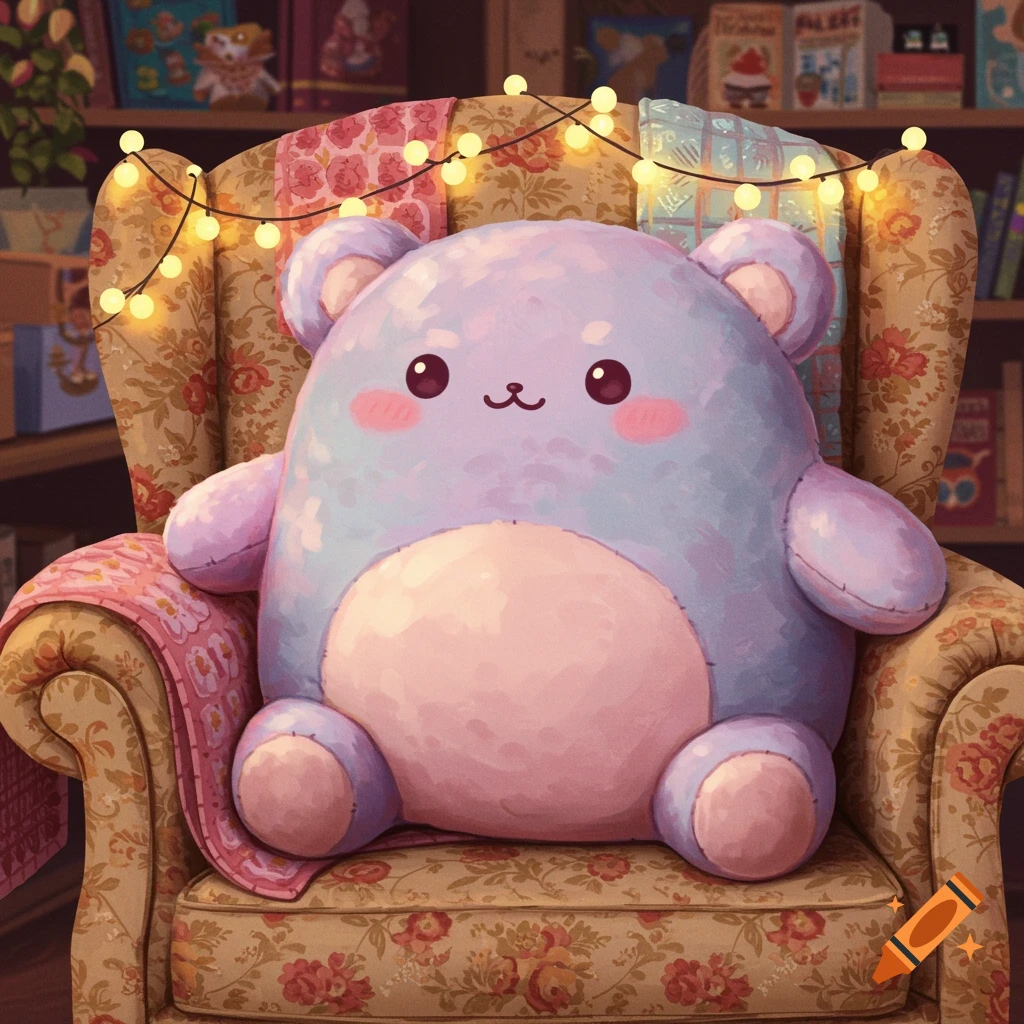 A cute, light purple and pink plushie bear sits in a floral armchair decorated with string lights, in a cozy room with bookshelves.