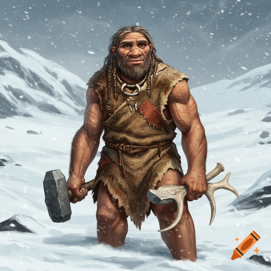 An illustration of a powerful Neanderthal man holding a stone hammer and antler in a snowy mountain landscape.