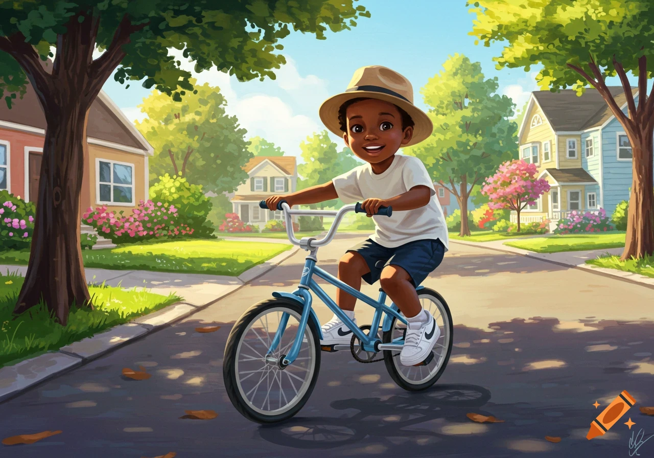 A smiling young Black boy in a straw hat rides a blue bicycle on a sunny street through a colorful, illustrated neighborhood.