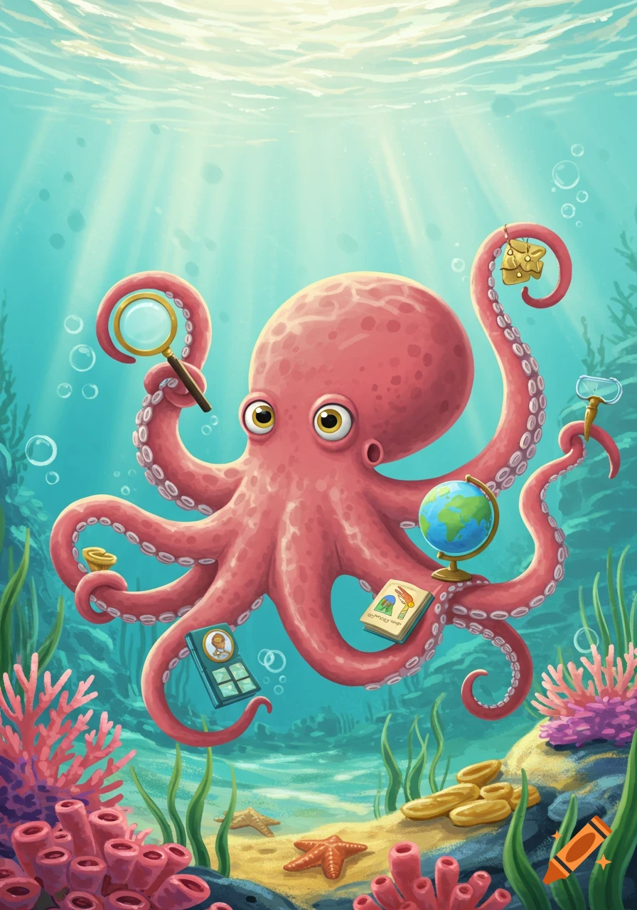 A cute pink cartoon octopus underwater holding a magnifying glass, globe, and books, surrounded by coral.