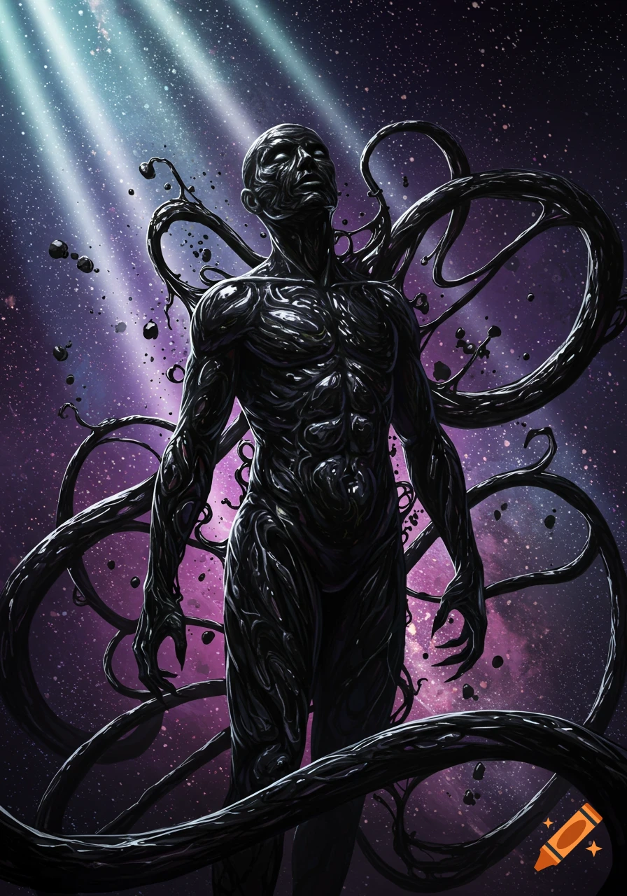 A dark, muscular figure with tendrils emerging from its body against a starry purple galaxy, looking into light beams.