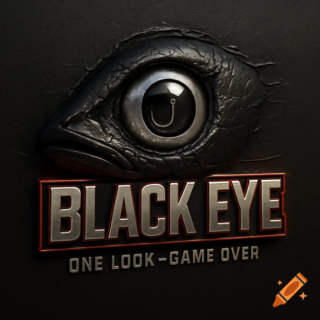 A 3D metallic logo for 'BLACK EYE' with a detailed fish eye, fishing hook in the pupil, and the slogan 'ONE LOOK-GAME OVER'.