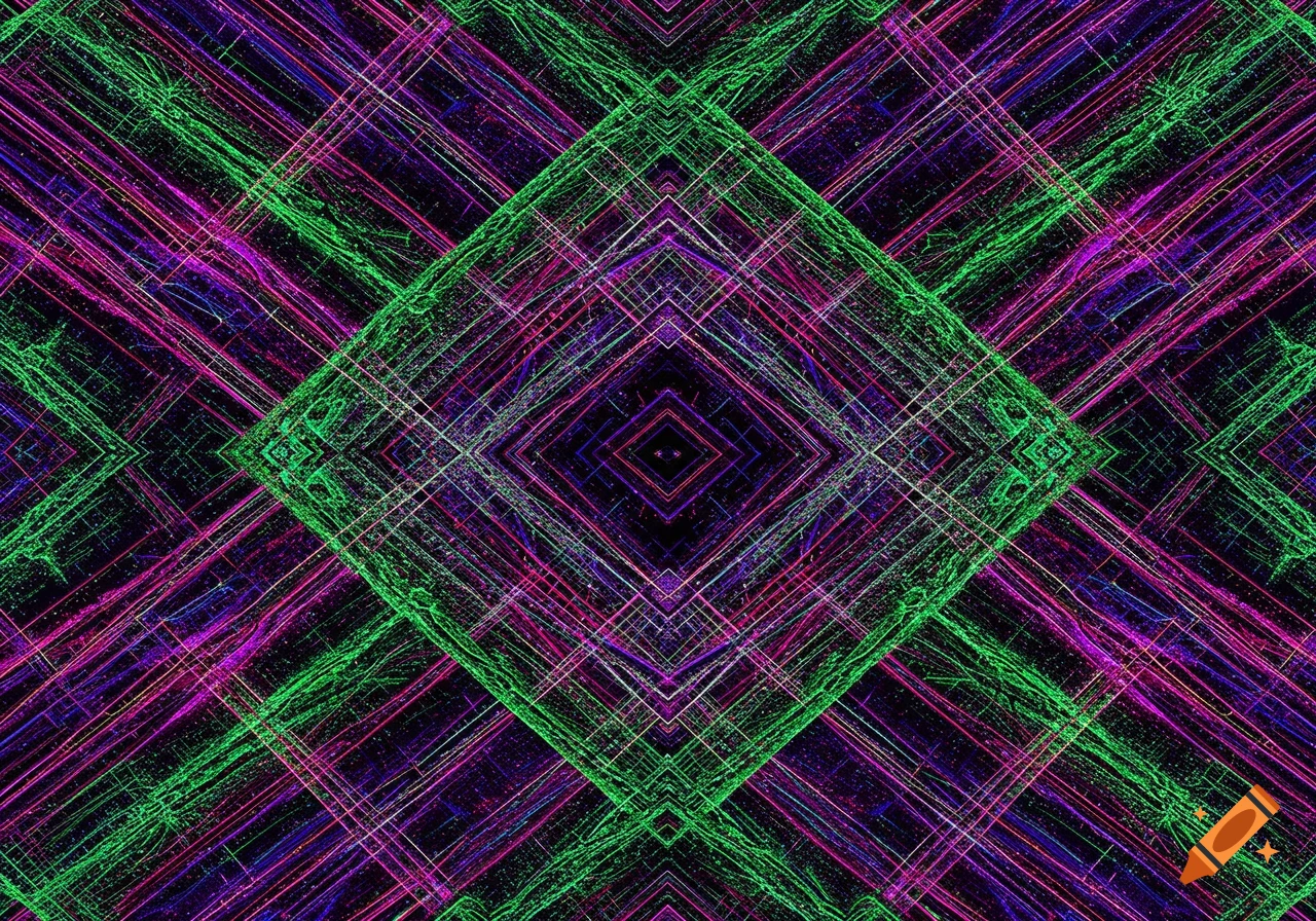 An abstract digital pattern of vibrant green, pink, and purple intersecting lines forming a plaid-like diamond design.