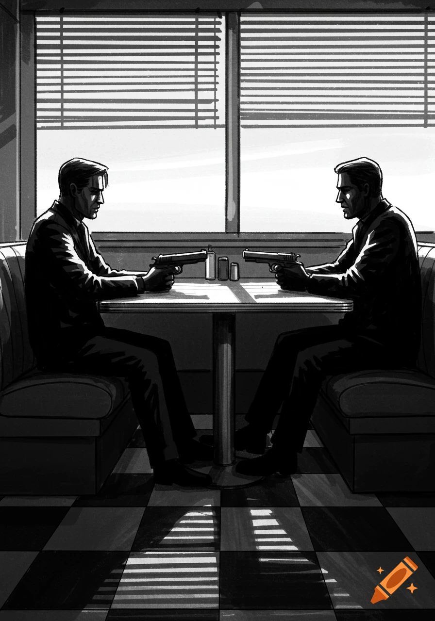 Two men in a black and white storyboard sketch style sit at a diner booth, pointing guns at each other across the table.