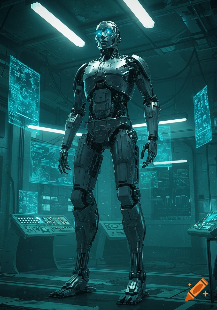 A tall, metallic robot with glowing blue eyes stands in a dark, futuristic laboratory with illuminated holographic screens and control panels.