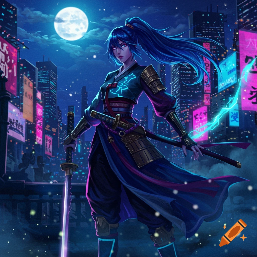 A female demon hunter with blue hair and glowing swords stands in a neon-lit cyberpunk city under a full moon.