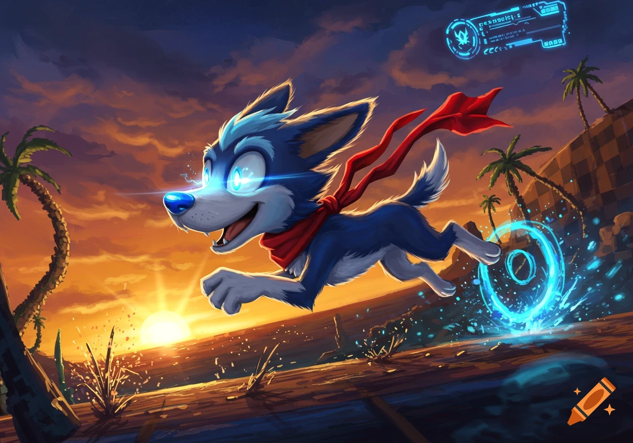 A blue cartoon dog with a red scarf runs across a desert at sunset, a blue energy ring trailing behind it. Palm trees and a holographic UI are in the background.