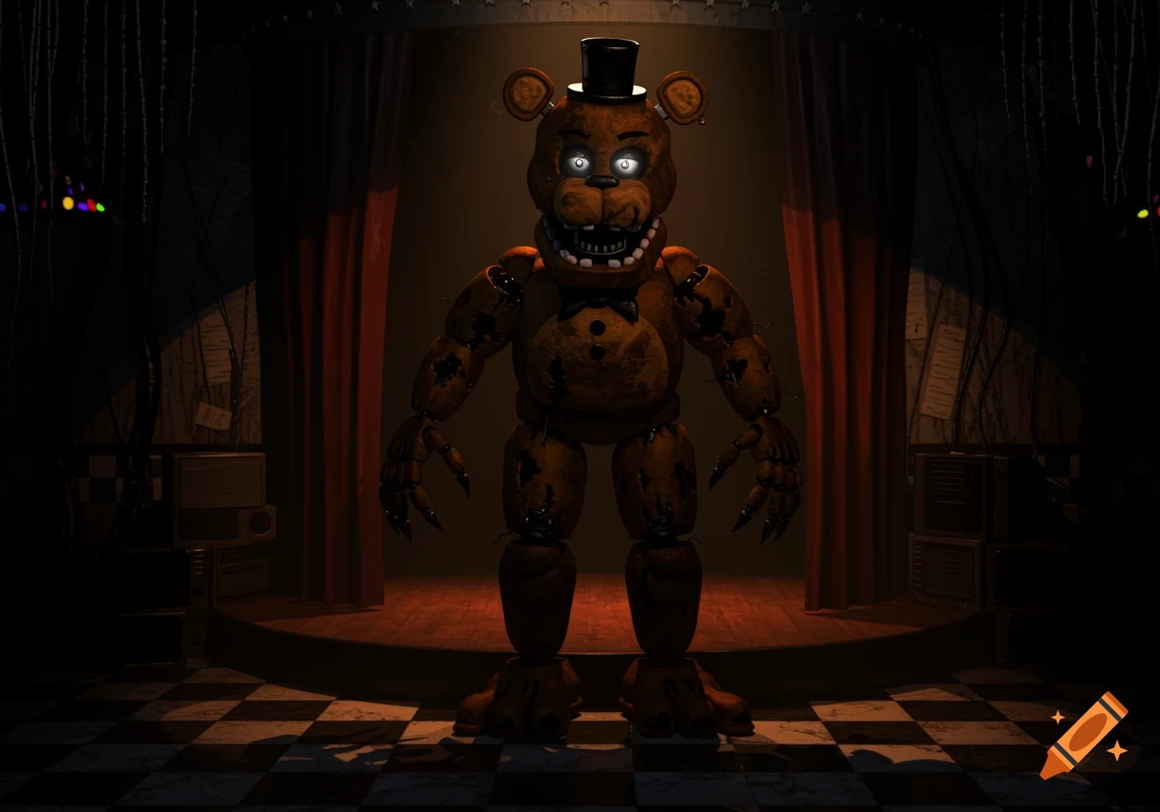 A brown animatronic bear with glowing eyes, wearing a top hat and bowtie, stands on a dark stage with red curtains.