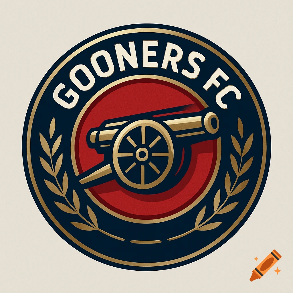 A circular blue, red, and gold logo for GOONERS FC featuring a cannon and laurel wreaths.