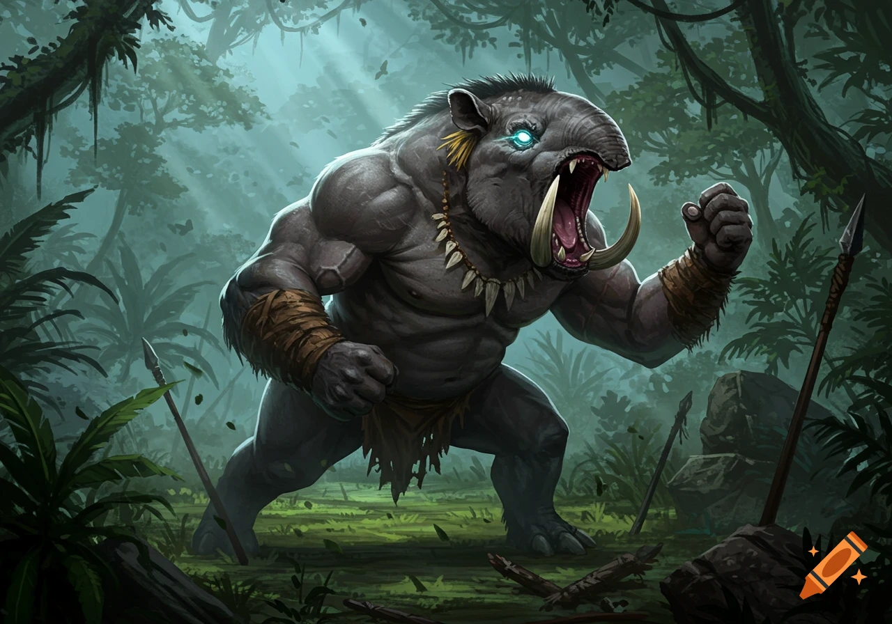 A muscular grey beast with glowing blue eyes, an elephant-like snout, and large tusks roars in a misty jungle. It wears a bone necklace and arm wraps, clutching its fists.