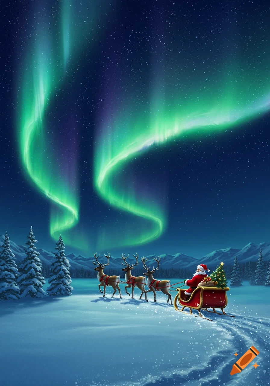 Santa Claus in a sleigh pulled by reindeer under a green and purple aurora borealis in a snowy winter landscape.
