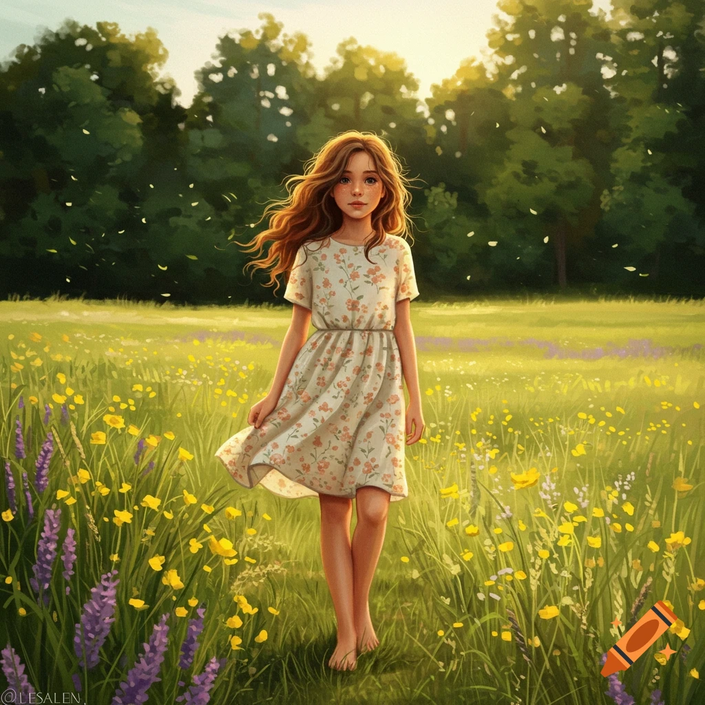 A young girl with long, wavy brown hair, wearing a floral dress, walks barefoot through a sunlit field of yellow and purple wildflowers.