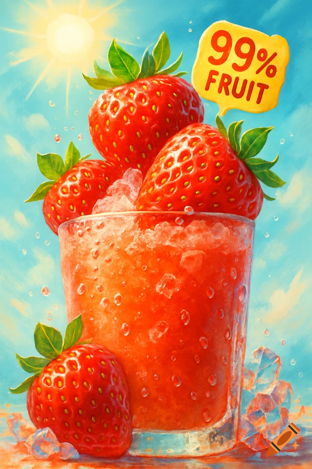 A vibrant strawberry slush drink with fresh strawberries and ice under a sunny sky, labeled '99% FRUIT'.