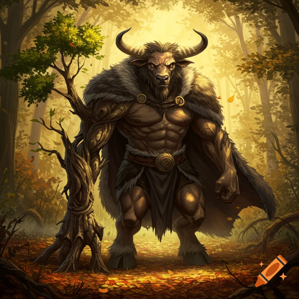 A powerful minotaur-like creature with a fur cloak stands in a golden forest, its left arm transformed into a tree.