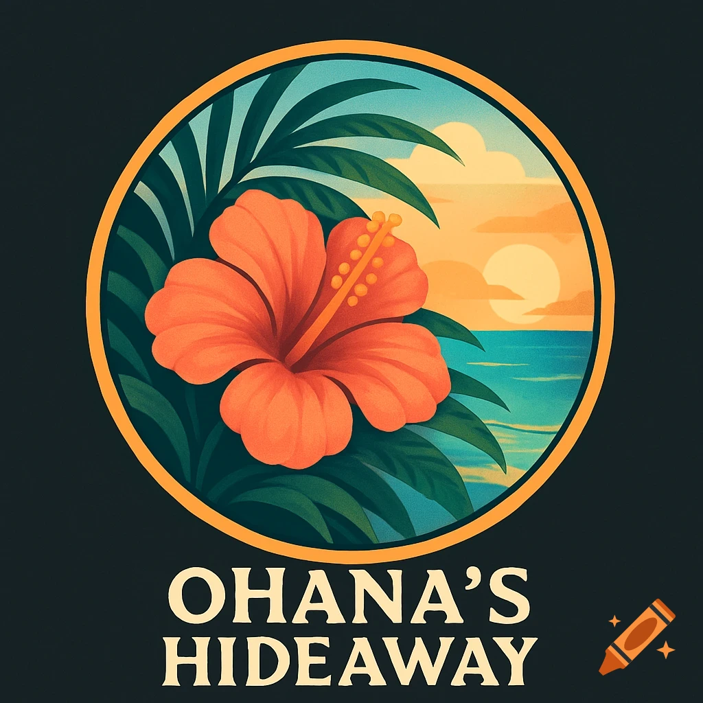 An illustrated circular logo with an orange hibiscus, palm leaves, ocean, and sunset, above 'OHANA'S HIDEAWAY' text.