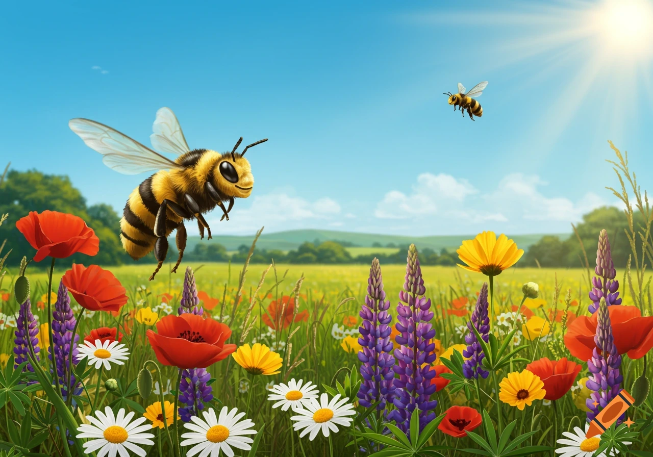 A cartoon bee flies happily above a vibrant meadow filled with colorful flowers under a bright sunny sky.