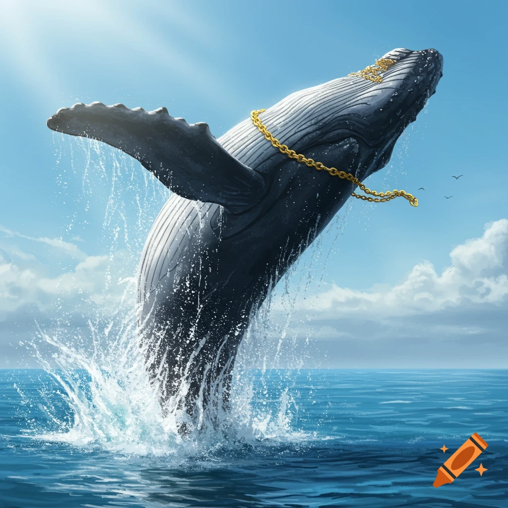 A photorealistic image of a humpback whale breaching from blue ocean waters, wearing a gold chain.